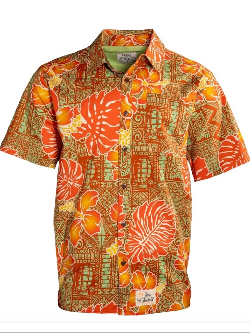 Zero Foxtrot | Orange and Green Tropical Tiki Print Camp Shirt